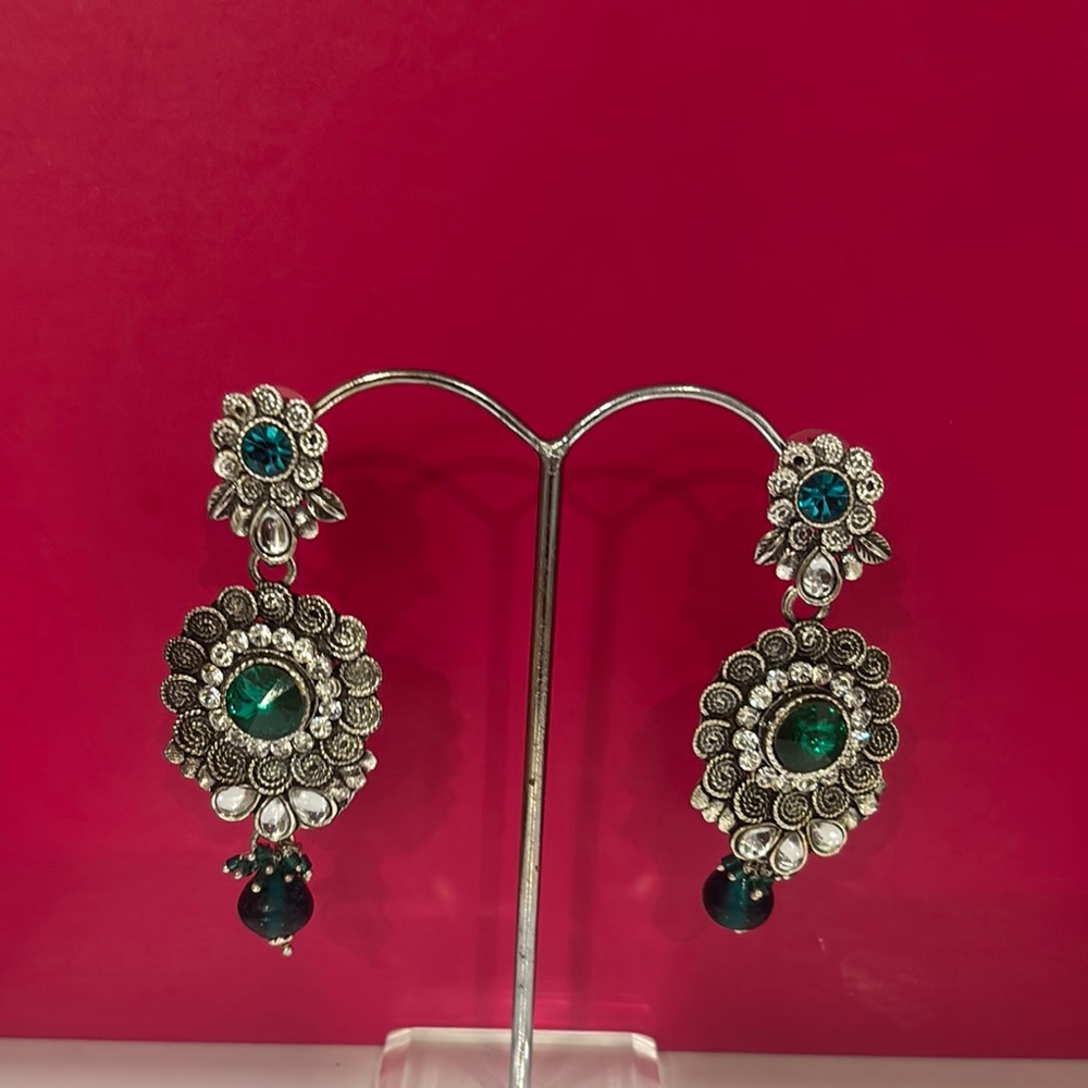 Elegant Silver and Green Floral Earrings